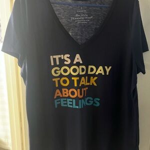 Navy V-Neck Tee with Colorful Text